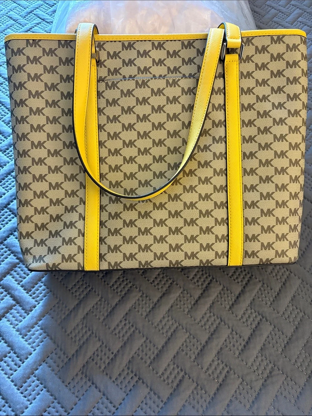 Michael Kors Beige MK Monogram Tote with Yellow Trim